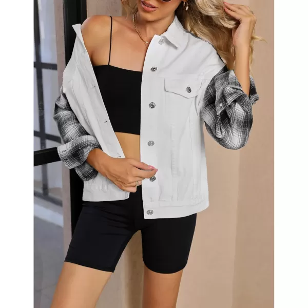 luvamia Jean Jackets for Women Fashion Flannel Plaid Shacket Jacket Oversized Button Down Trucker Denim Shirt JacketsOff White  Black Plaid