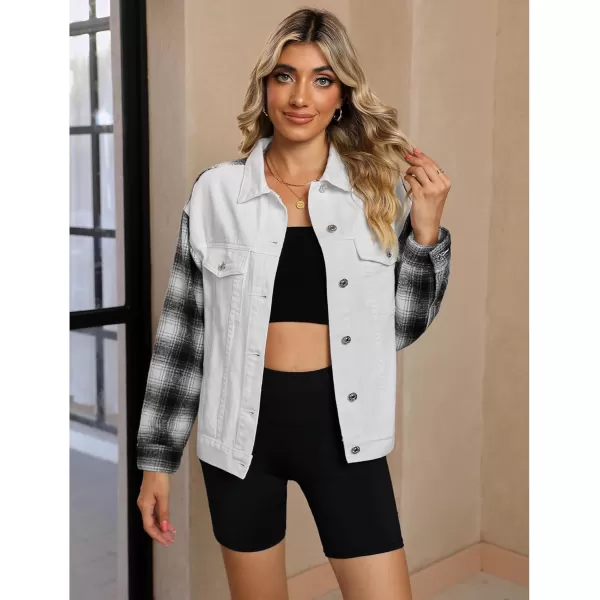 luvamia Jean Jackets for Women Fashion Flannel Plaid Shacket Jacket Oversized Button Down Trucker Denim Shirt JacketsOff White  Black Plaid