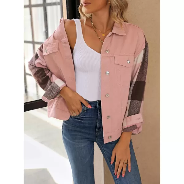 luvamia Jean Jackets for Women Fashion Flannel Plaid Shacket Jacket Oversized Button Down Trucker Denim Shirt JacketsPink  Pink Plaid