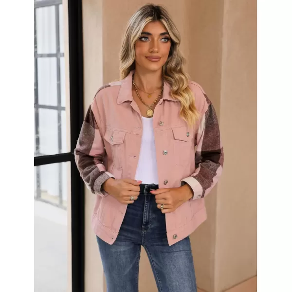 luvamia Jean Jackets for Women Fashion Flannel Plaid Shacket Jacket Oversized Button Down Trucker Denim Shirt JacketsPink  Pink Plaid