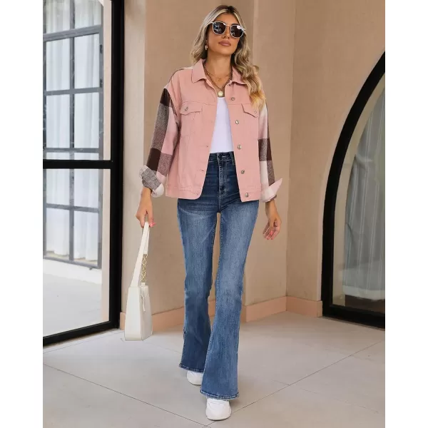 luvamia Jean Jackets for Women Fashion Flannel Plaid Shacket Jacket Oversized Button Down Trucker Denim Shirt JacketsPink  Pink Plaid