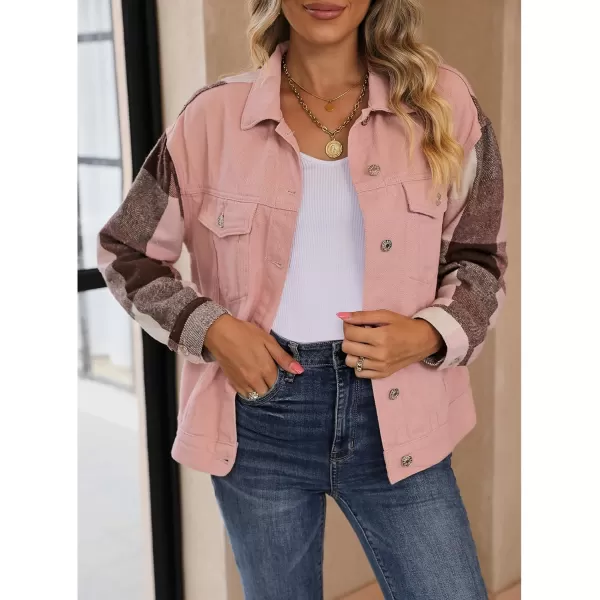 luvamia Jean Jackets for Women Fashion Flannel Plaid Shacket Jacket Oversized Button Down Trucker Denim Shirt JacketsPink  Pink Plaid