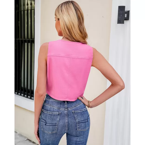 luvamia Jean Vests for Women Crop Denim Top Button Down Waistcoat Vest Tank Tops Fashion Casual Sleeveless JacketAzalea Pink