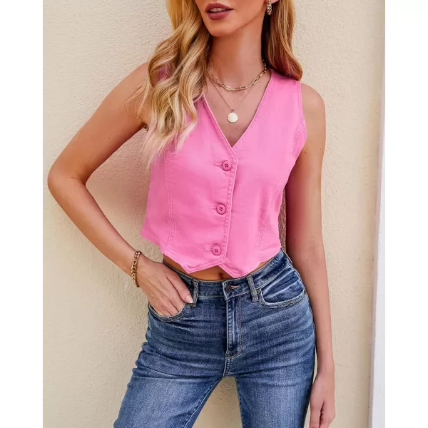 luvamia Jean Vests for Women Crop Denim Top Button Down Waistcoat Vest Tank Tops Fashion Casual Sleeveless JacketAzalea Pink