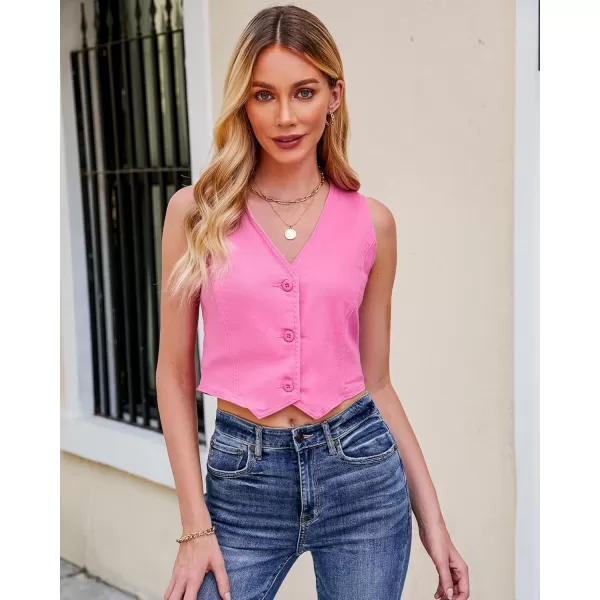 luvamia Jean Vests for Women Crop Denim Top Button Down Waistcoat Vest Tank Tops Fashion Casual Sleeveless JacketAzalea Pink