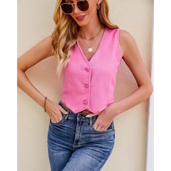 luvamia Jean Vests for Women Crop Denim Top Button Down Waistcoat Vest Tank Tops Fashion Casual Sleeveless JacketAzalea Pink