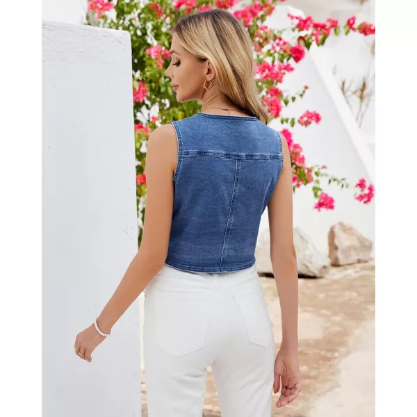 luvamia Jean Vests for Women Crop Denim Top Button Down Waistcoat Vest Tank Tops Fashion Casual Sleeveless JacketClassic Blue