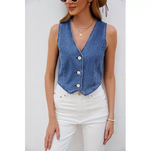 luvamia Jean Vests for Women Crop Denim Top Button Down Waistcoat Vest Tank Tops Fashion Casual Sleeveless JacketClassic Blue