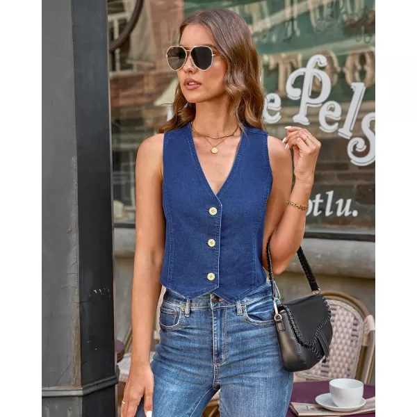 luvamia Jean Vests for Women Crop Denim Top Button Down Waistcoat Vest Tank Tops Fashion Casual Sleeveless JacketDark Blue