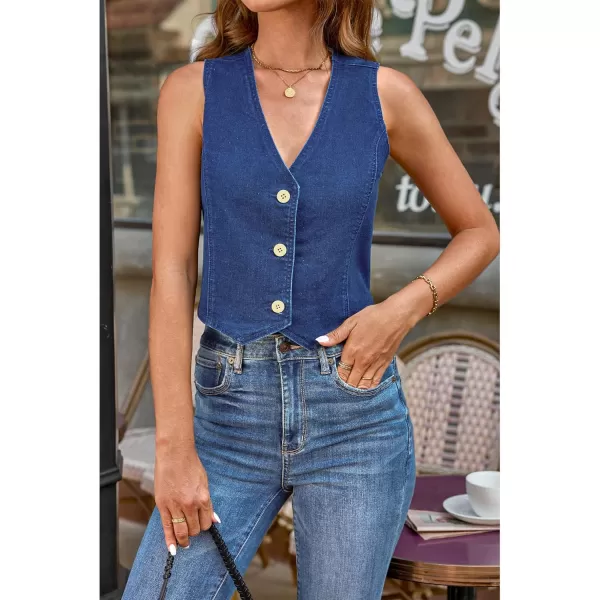 luvamia Jean Vests for Women Crop Denim Top Button Down Waistcoat Vest Tank Tops Fashion Casual Sleeveless JacketDark Blue