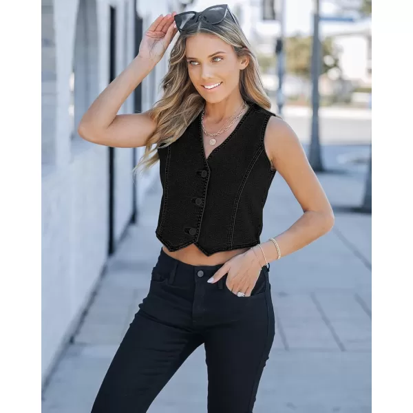 luvamia Jean Vests for Women Crop Denim Top Button Down Waistcoat Vest Tank Tops Fashion Casual Sleeveless JacketSoft Black