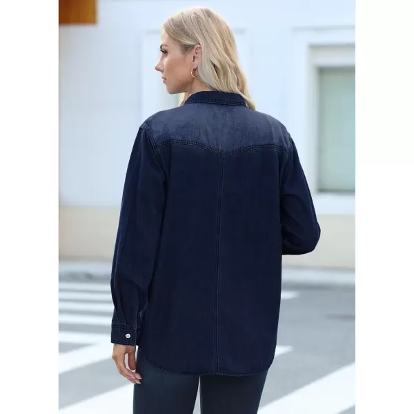 luvamia Long Denim Jacket for Women Lightweight Trendy Jean Button Down Shirts Jackets Oversized Shackets with PocketsBlue Plunge