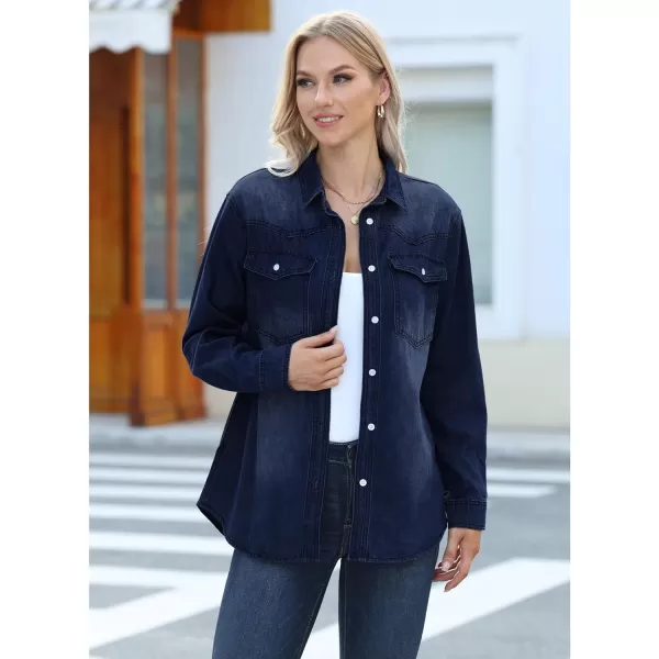 luvamia Long Denim Jacket for Women Lightweight Trendy Jean Button Down Shirts Jackets Oversized Shackets with PocketsBlue Plunge