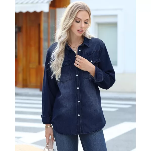 luvamia Long Denim Jacket for Women Lightweight Trendy Jean Button Down Shirts Jackets Oversized Shackets with PocketsBlue Plunge