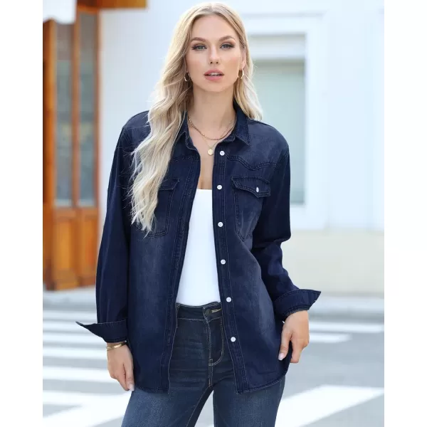 luvamia Long Denim Jacket for Women Lightweight Trendy Jean Button Down Shirts Jackets Oversized Shackets with PocketsBlue Plunge