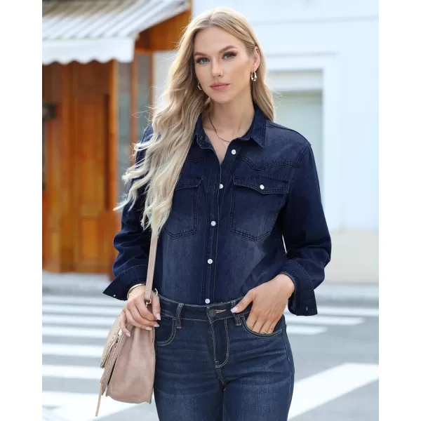 luvamia Long Denim Jacket for Women Lightweight Trendy Jean Button Down Shirts Jackets Oversized Shackets with PocketsBlue Plunge