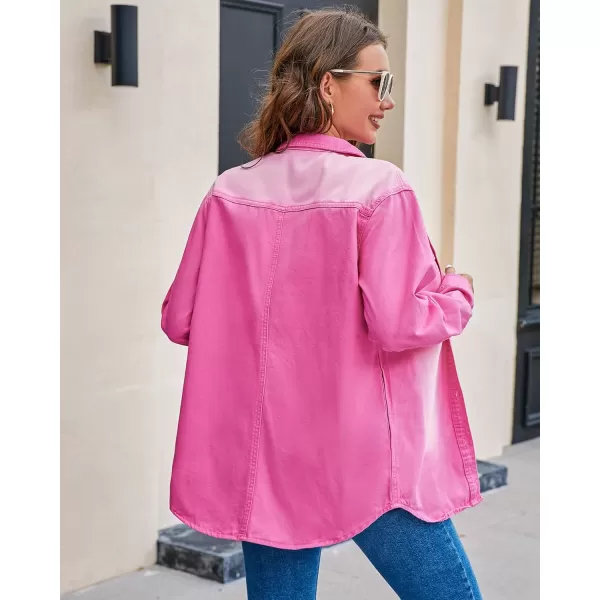 luvamia Long Denim Jacket for Women Lightweight Trendy Jean Button Down Shirts Jackets Oversized Shackets with PocketsCarnation Pink