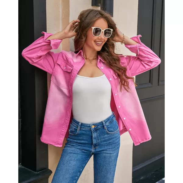 luvamia Long Denim Jacket for Women Lightweight Trendy Jean Button Down Shirts Jackets Oversized Shackets with PocketsCarnation Pink