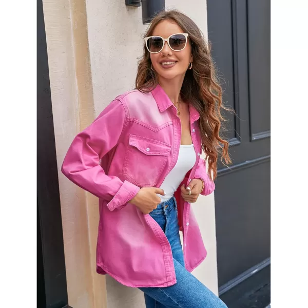 luvamia Long Denim Jacket for Women Lightweight Trendy Jean Button Down Shirts Jackets Oversized Shackets with PocketsCarnation Pink