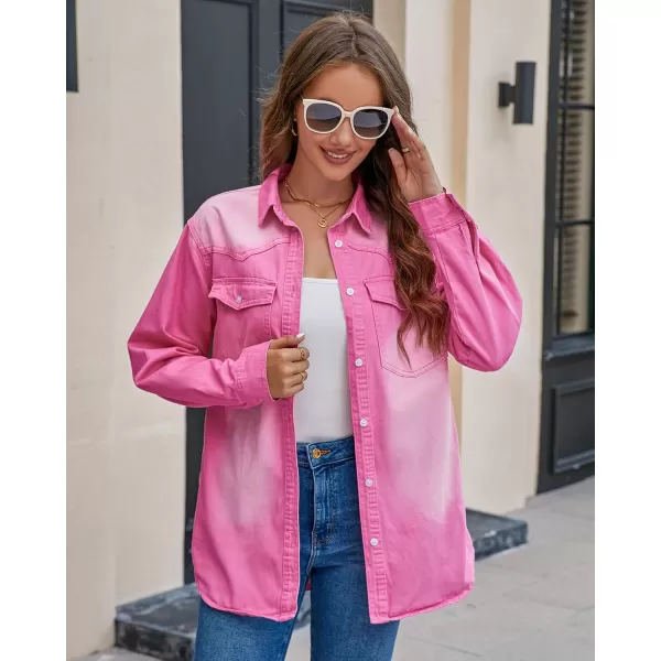 luvamia Long Denim Jacket for Women Lightweight Trendy Jean Button Down Shirts Jackets Oversized Shackets with PocketsCarnation Pink