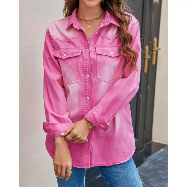 luvamia Long Denim Jacket for Women Lightweight Trendy Jean Button Down Shirts Jackets Oversized Shackets with PocketsCarnation Pink