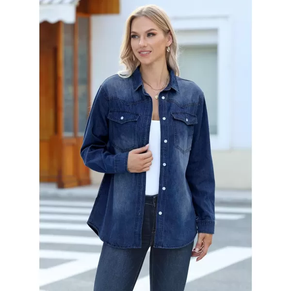 luvamia Long Denim Jacket for Women Lightweight Trendy Jean Button Down Shirts Jackets Oversized Shackets with PocketsCoogee Blue