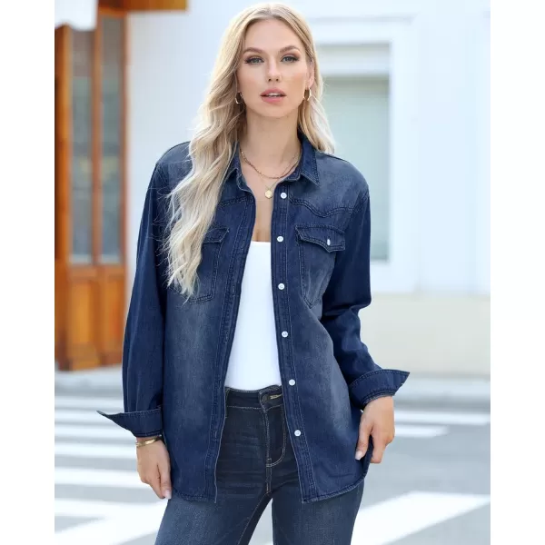 luvamia Long Denim Jacket for Women Lightweight Trendy Jean Button Down Shirts Jackets Oversized Shackets with PocketsCoogee Blue