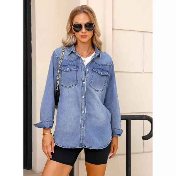 luvamia Long Denim Jacket for Women Lightweight Trendy Jean Button Down Shirts Jackets Oversized Shackets with PocketsCool Blue