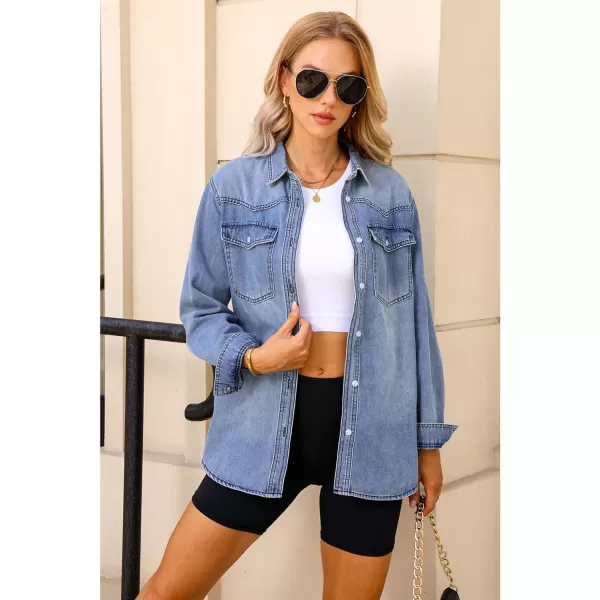 luvamia Long Denim Jacket for Women Lightweight Trendy Jean Button Down Shirts Jackets Oversized Shackets with PocketsCool Blue