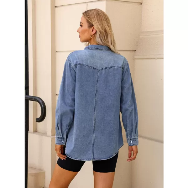 luvamia Long Denim Jacket for Women Lightweight Trendy Jean Button Down Shirts Jackets Oversized Shackets with PocketsCool Blue