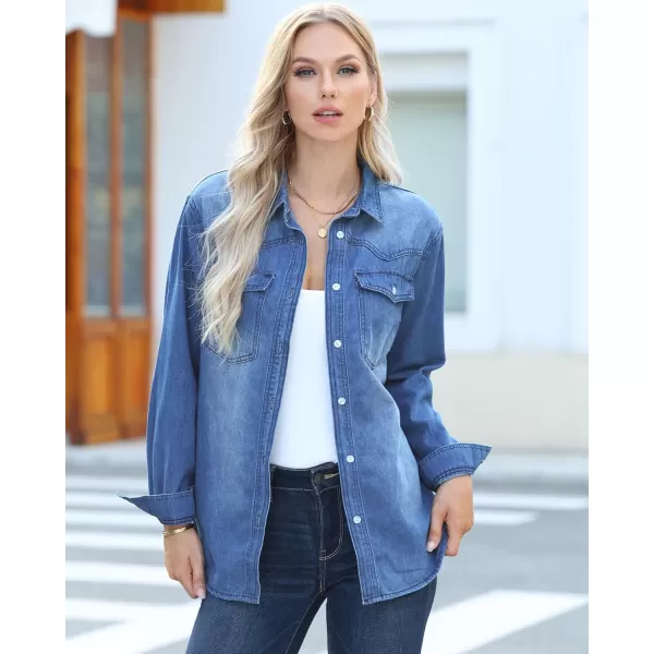 luvamia Long Denim Jacket for Women Lightweight Trendy Jean Button Down Shirts Jackets Oversized Shackets with PocketsMidnight Blue