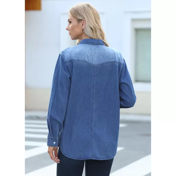 luvamia Long Denim Jacket for Women Lightweight Trendy Jean Button Down Shirts Jackets Oversized Shackets with PocketsMidnight Blue