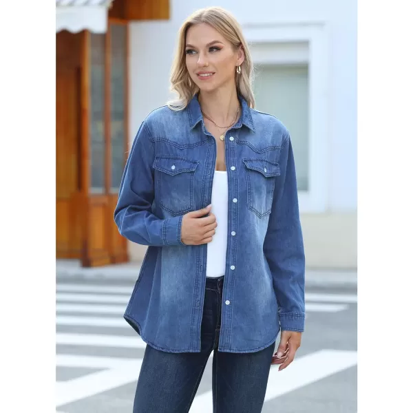 luvamia Long Denim Jacket for Women Lightweight Trendy Jean Button Down Shirts Jackets Oversized Shackets with PocketsMidnight Blue