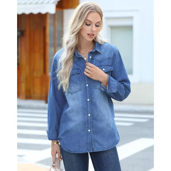 luvamia Long Denim Jacket for Women Lightweight Trendy Jean Button Down Shirts Jackets Oversized Shackets with PocketsMidnight Blue