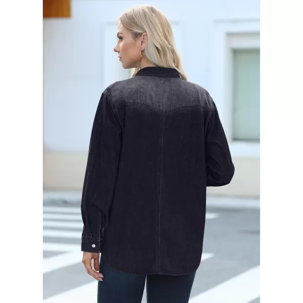 luvamia Long Denim Jacket for Women Lightweight Trendy Jean Button Down Shirts Jackets Oversized Shackets with PocketsWashed Black