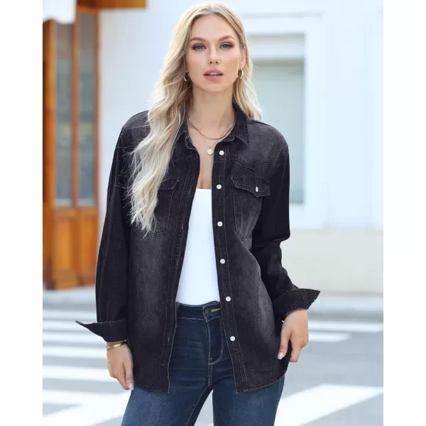 luvamia Long Denim Jacket for Women Lightweight Trendy Jean Button Down Shirts Jackets Oversized Shackets with PocketsWashed Black