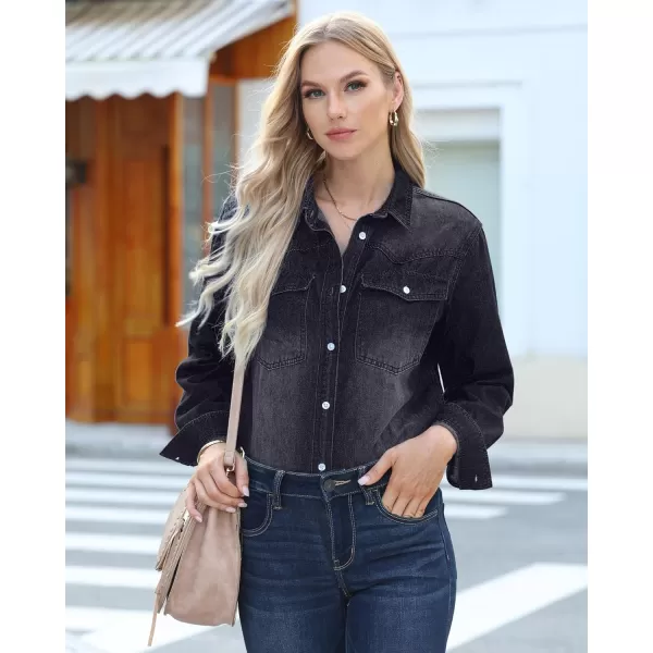 luvamia Long Denim Jacket for Women Lightweight Trendy Jean Button Down Shirts Jackets Oversized Shackets with PocketsWashed Black