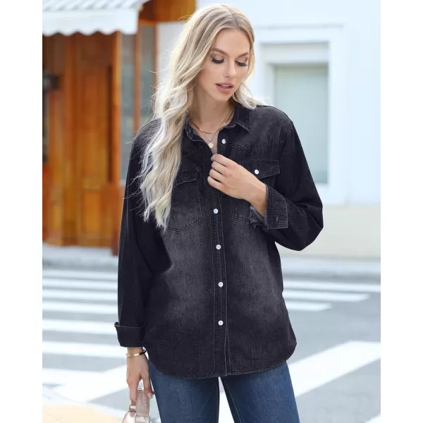 luvamia Long Denim Jacket for Women Lightweight Trendy Jean Button Down Shirts Jackets Oversized Shackets with PocketsWashed Black