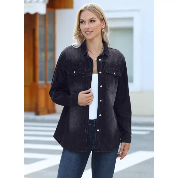 luvamia Long Denim Jacket for Women Lightweight Trendy Jean Button Down Shirts Jackets Oversized Shackets with PocketsWashed Black