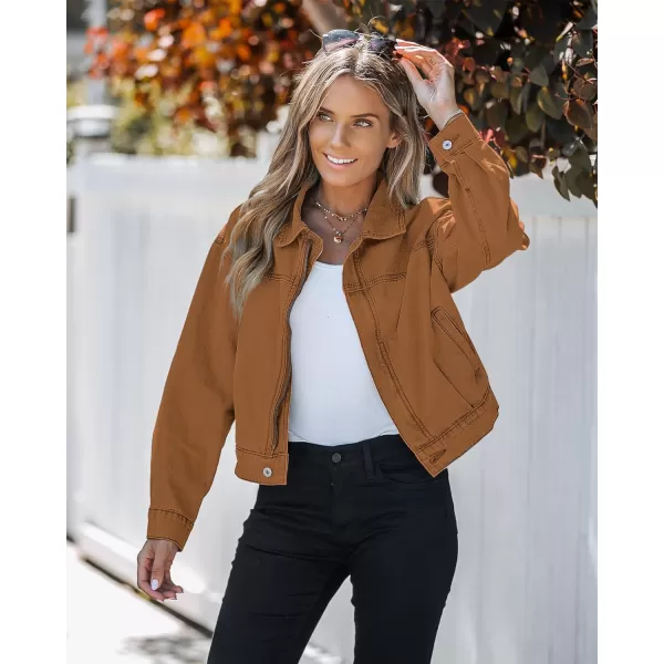 luvamia Oversized Jean Jacket Women Cropped Zip Up Denim Jackets Lightweight Trucker Shacket with Pockets Western TrendyAlmond Brown