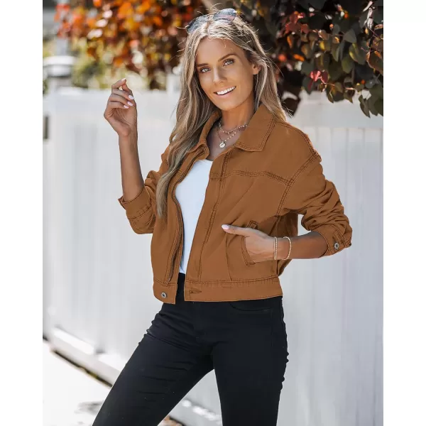 luvamia Oversized Jean Jacket Women Cropped Zip Up Denim Jackets Lightweight Trucker Shacket with Pockets Western TrendyAlmond Brown