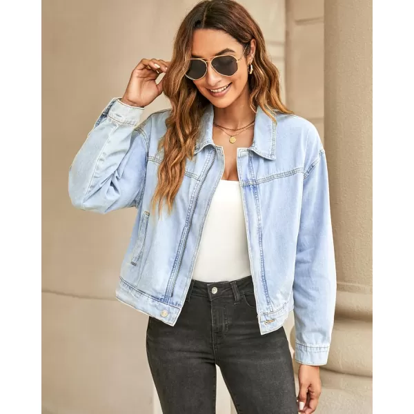 luvamia Oversized Jean Jacket Women Cropped Zip Up Denim Jackets Lightweight Trucker Shacket with Pockets Western TrendyBlue Breeze