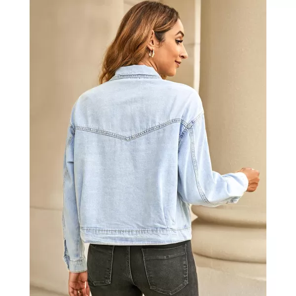 luvamia Oversized Jean Jacket Women Cropped Zip Up Denim Jackets Lightweight Trucker Shacket with Pockets Western TrendyBlue Breeze