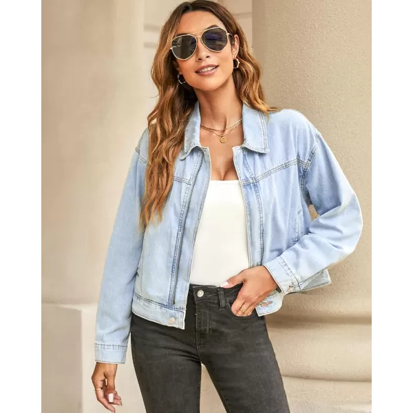 luvamia Oversized Jean Jacket Women Cropped Zip Up Denim Jackets Lightweight Trucker Shacket with Pockets Western TrendyBlue Breeze