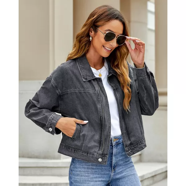 luvamia Oversized Jean Jacket Women Cropped Zip Up Denim Jackets Lightweight Trucker Shacket with Pockets Western TrendyVintage Black