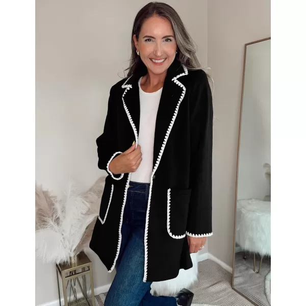 luvamia Pea Coats for Women Trendy Embroidered Contrast Trim Long Peacoat Jackets Lapel Button Winter Coat with PocketsBlack