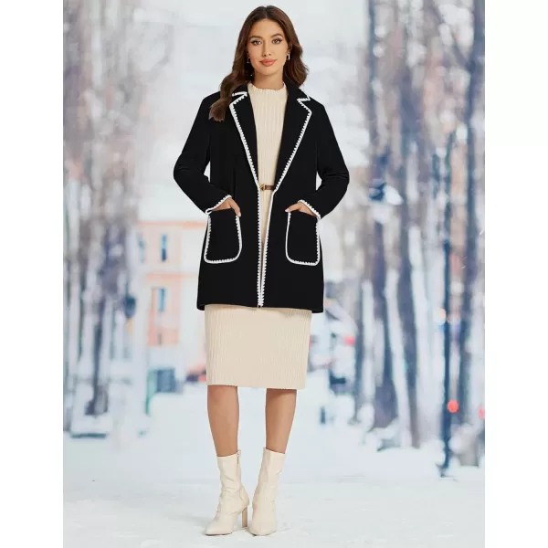 luvamia Pea Coats for Women Trendy Embroidered Contrast Trim Long Peacoat Jackets Lapel Button Winter Coat with PocketsBlack