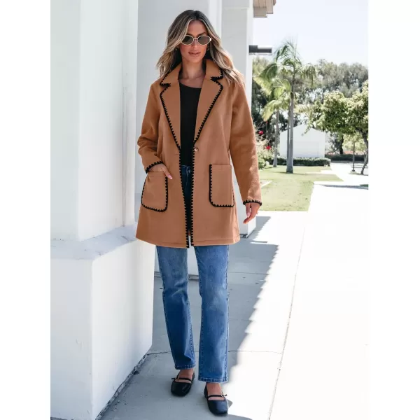 luvamia Pea Coats for Women Trendy Embroidered Contrast Trim Long Peacoat Jackets Lapel Button Winter Coat with PocketsCaramel