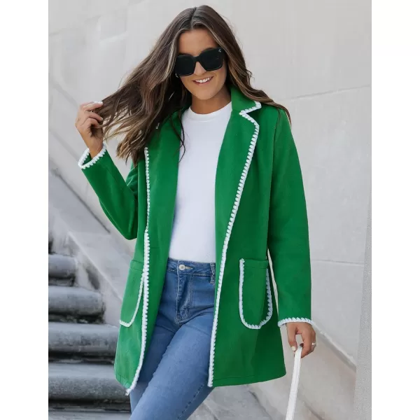 luvamia Pea Coats for Women Trendy Embroidered Contrast Trim Long Peacoat Jackets Lapel Button Winter Coat with PocketsGreen