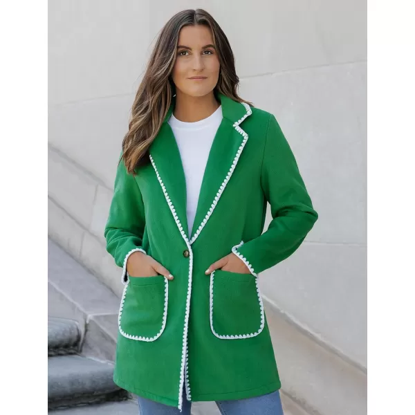 luvamia Pea Coats for Women Trendy Embroidered Contrast Trim Long Peacoat Jackets Lapel Button Winter Coat with PocketsGreen